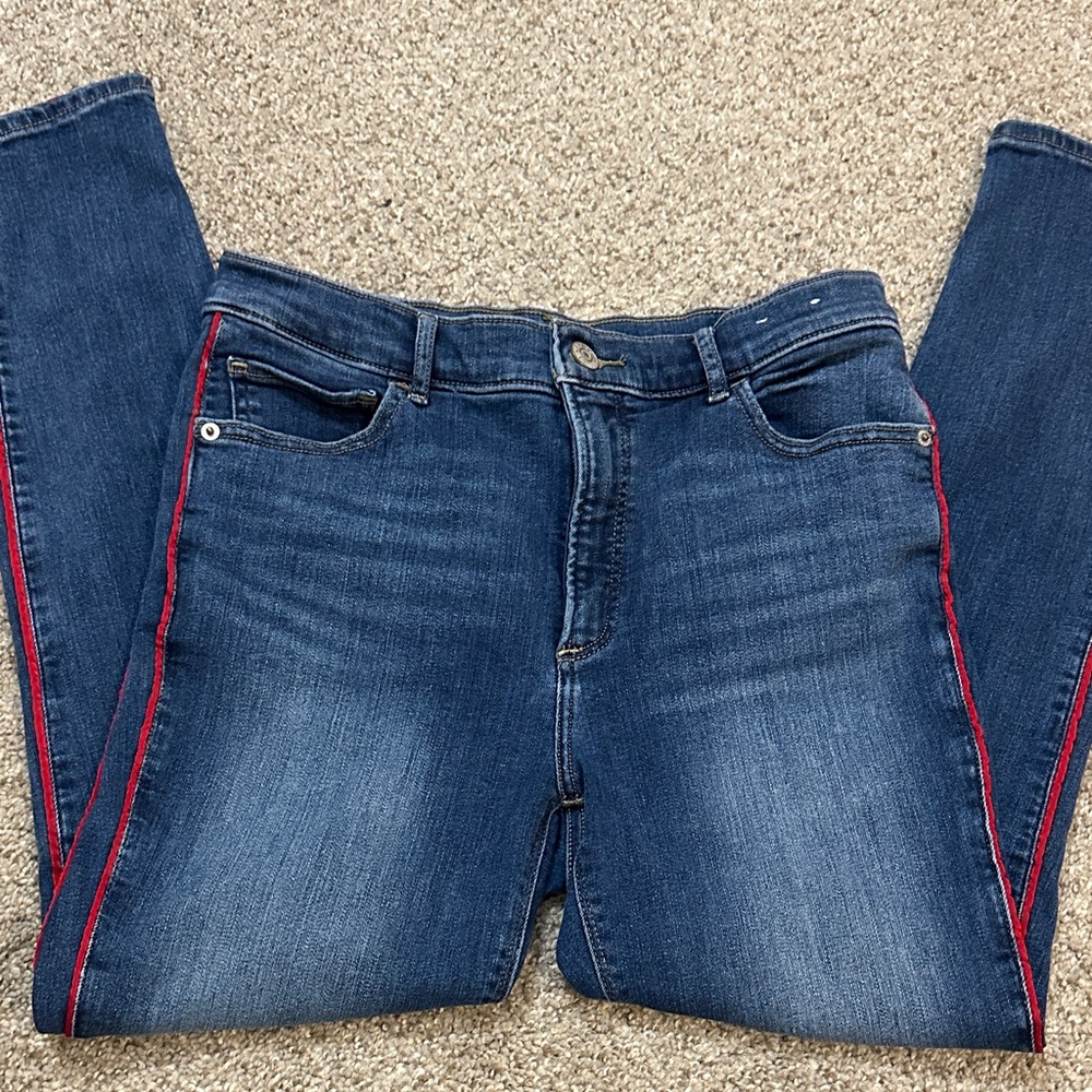 Express Blue Skinny Jeans with Red Trim